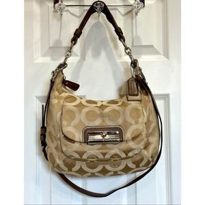 COACH - Kristin Op Art Sateen Convertible Hobo Bag in Khaki with Leather Trim
